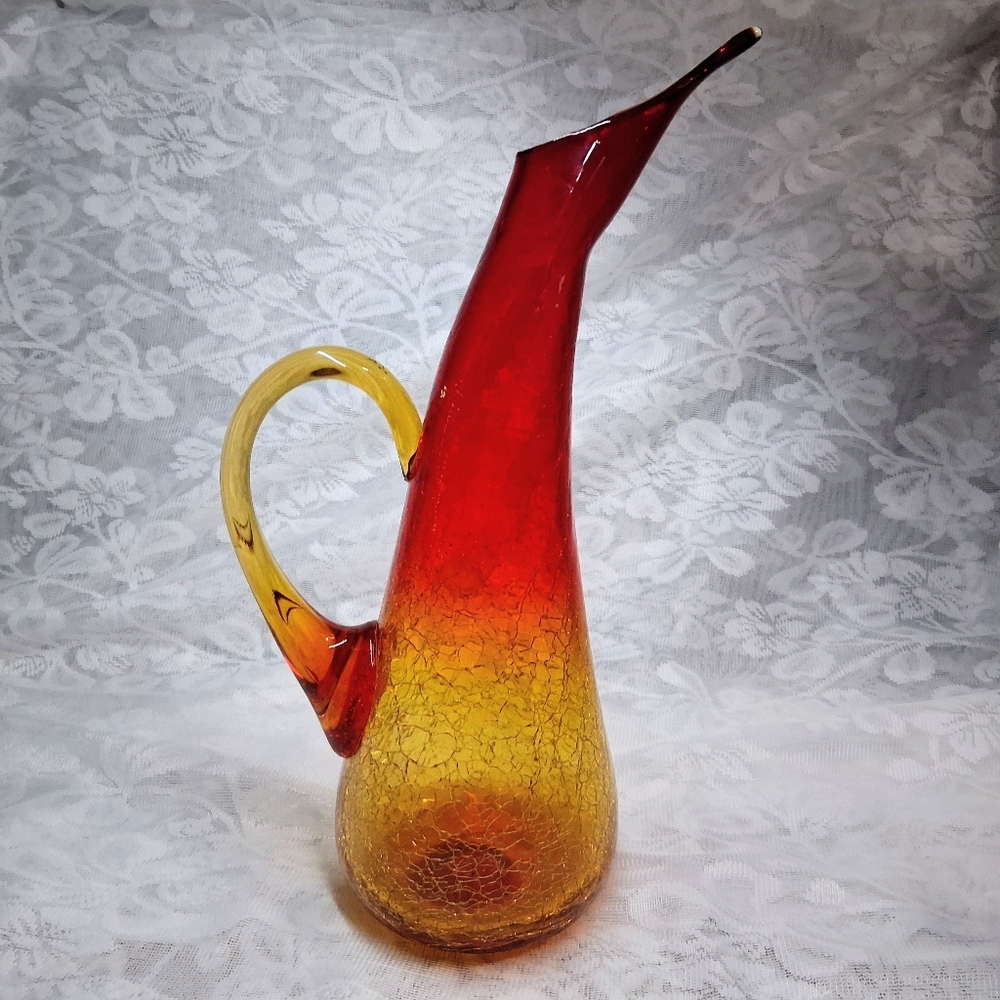 Vintage Amberina Crackle Glass Pitcher MCM Hand-Blown Art Glass 12" - Picture 13 of 16
